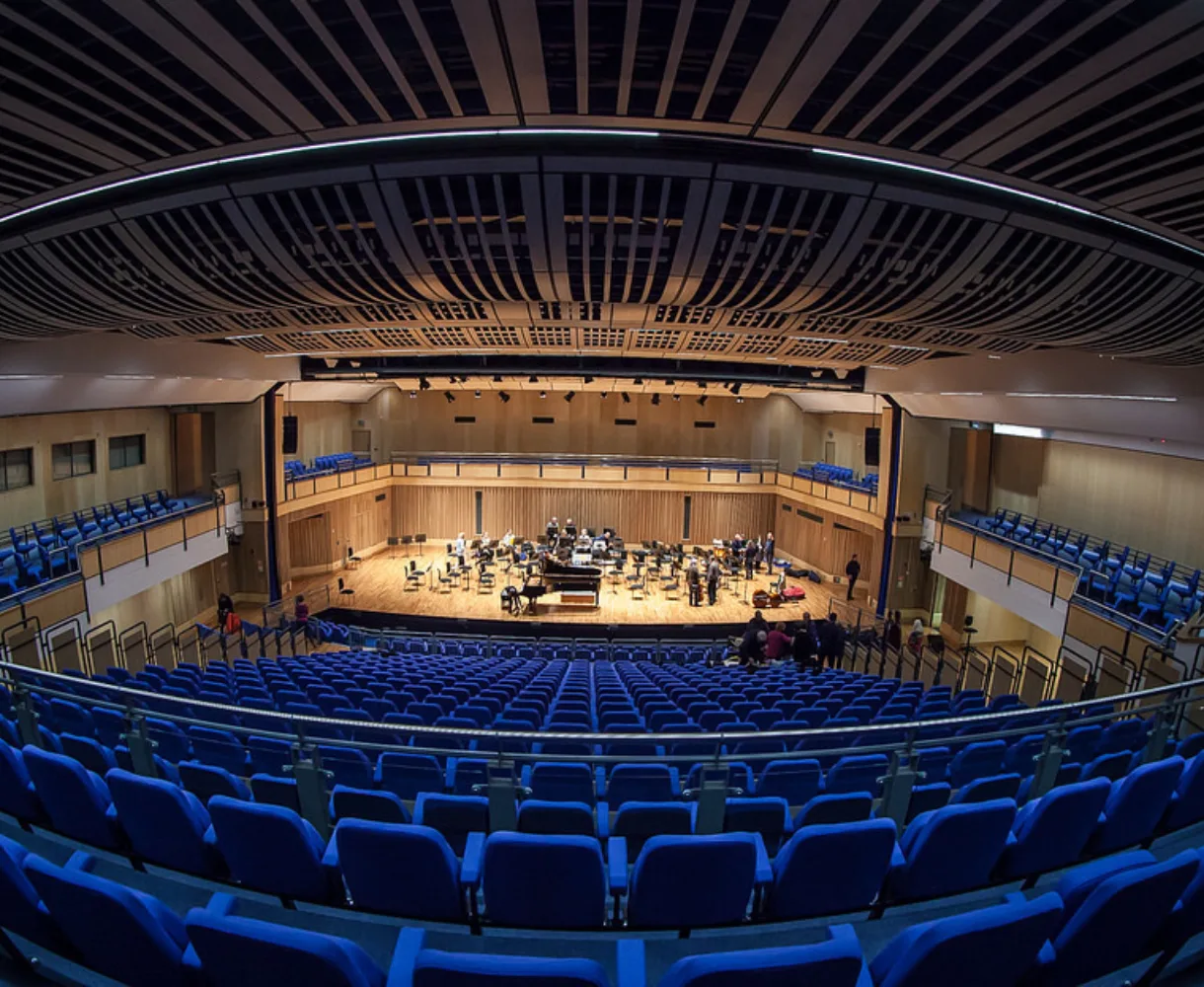 A fisheye photo of the Saffron Hall auditorium